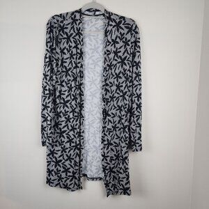 Lands' End Women Medium 10 - 12 Open Front Cardigan Black White pockets